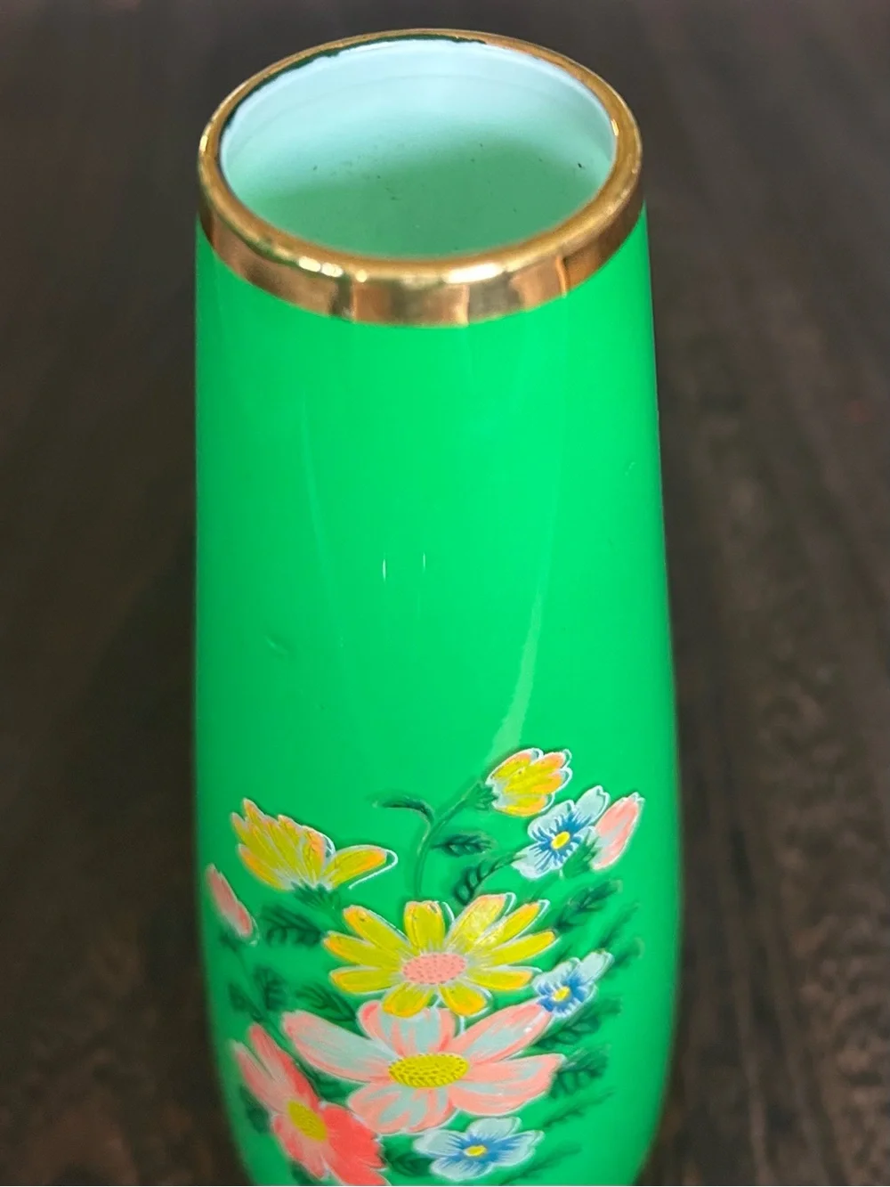 Vintage Emerald Green Art Glass Vase Hand Painted Enamel Floral Gold Trim 9” MCM
